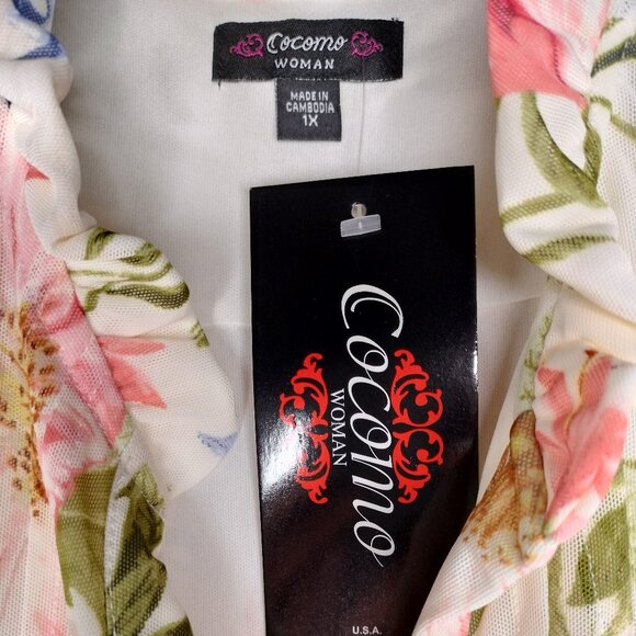 Cocomo Plus Size 1X Ivory Multi Floral Print Pintuck Short Flutter Sleeve Top - Picture 5 of 6